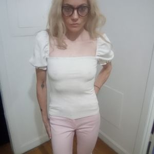 White puff sleeve square neck bodycon peasant top cottagecore